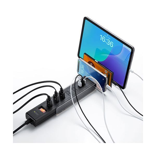 サンワサプライ USB充電機能付きタップ スタンド付き 2P 5個口 3m ブラック TAP-B47UC-3BK