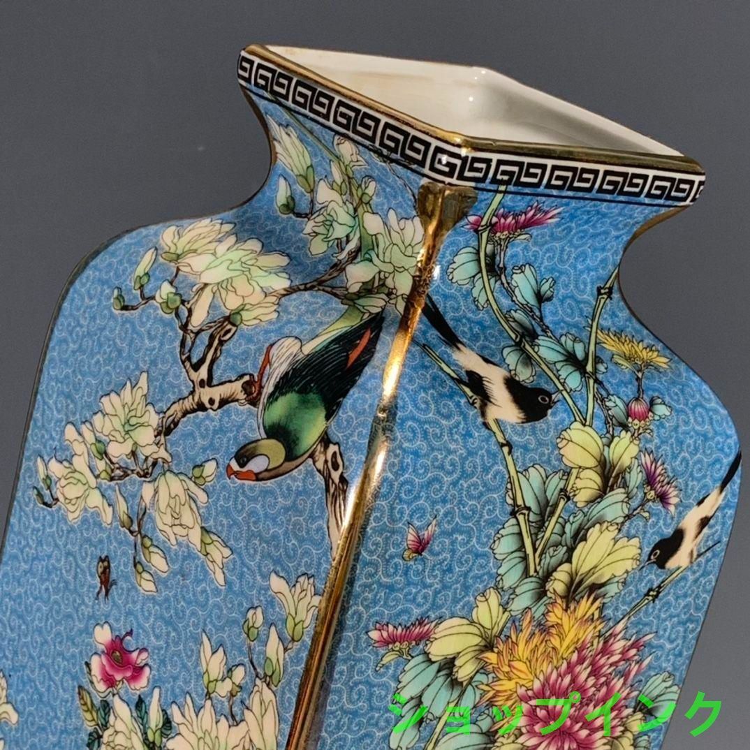 パステル琺瑯彩花鳥蒔絵藍釉四方花瓶 景徳鎮 陶磁器 装飾品 工芸
