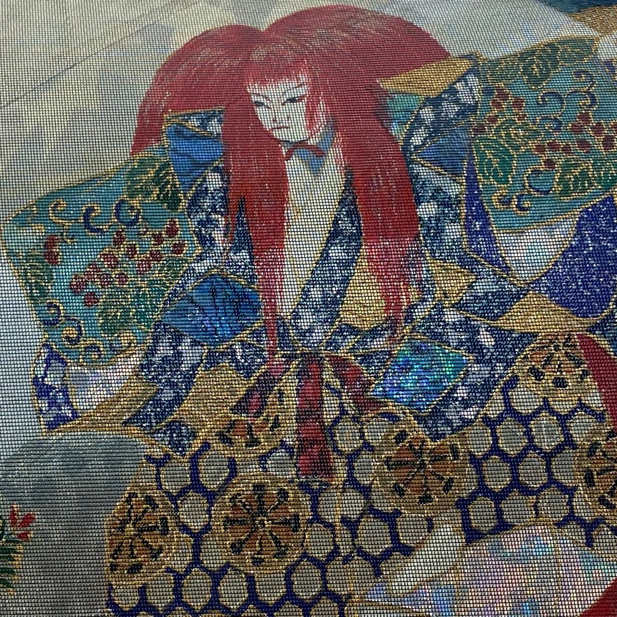 袋帯 秀品 落款 仔獅子 鼓 箔 金銀彩 青灰色 お太鼓柄 正絹