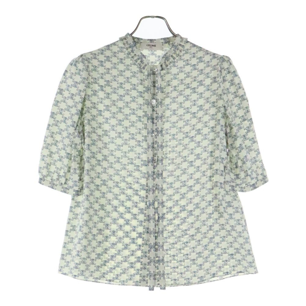 CELINE セリーヌ 22SS トリオンフ 総柄 シルク クレープデシン リボン 半袖シャツ ブラウス ホワイト レディース 2B553632P