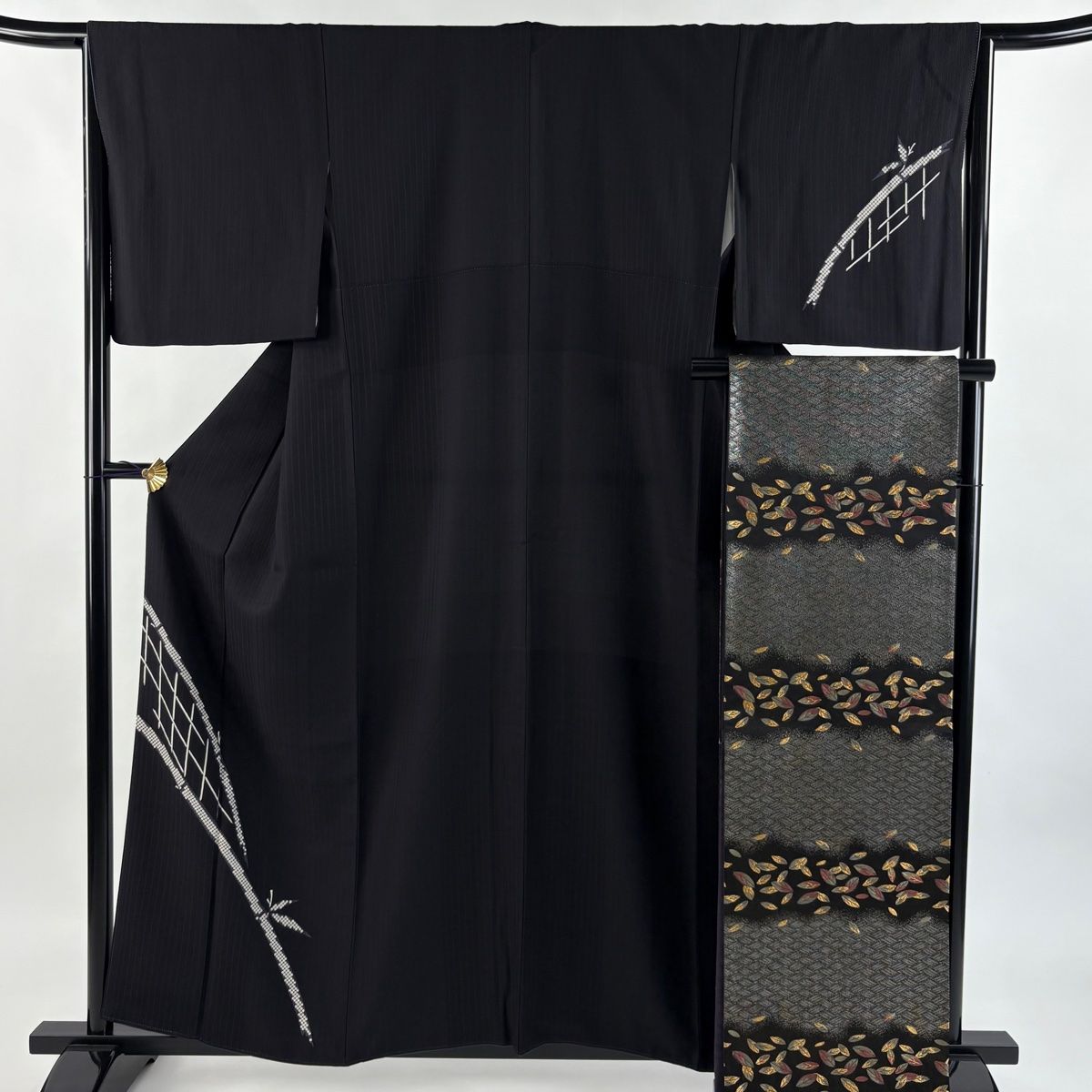 付下げ 身丈159cm 裄丈64.5cm M 袷 袋帯セット 間垣 竹 黒 正絹 秀品