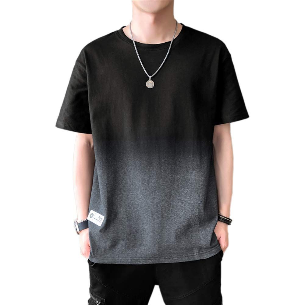 2XL_01:ブラック [Anzn] Tシャツ メンズ 半袖 夏服 綿 ビッグt グラデーション カットソー カジュアル ゆったり おしゃれ 丸襟 快適 軽い 柔らかい 大きいサイズ 春 夏 秋-hei-2XL