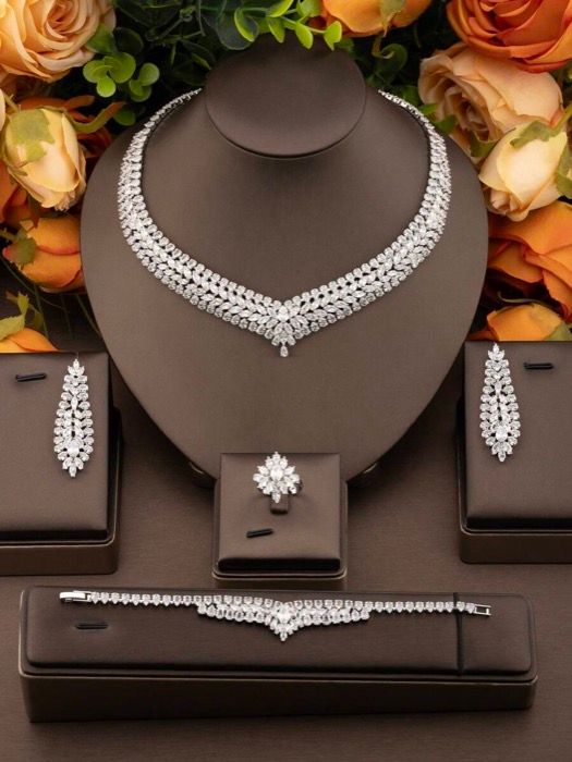 ジュエリー レディース セット 1セット エレガントキュービックジルコニア ネック 小麦の穂デザインジュエリーセット 女性の日常着やパーティーウェアに適しています ピアス1ペア ネックレス1本 ブレスレット1本