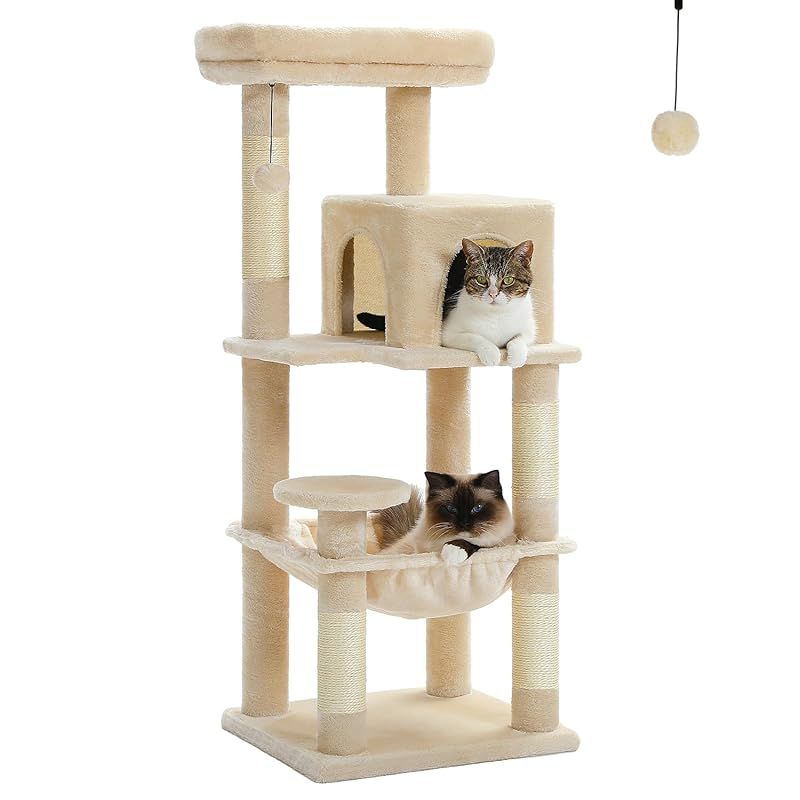 PETEPELA ぺテぺラ キャットタワー スリム コンパクト 猫タワー 据え置き 置き型 省スペース ハンモック 爪研ぎ 見晴台 人気 ボンボン 天然麻紐 シンプル 運動不足解消 多頭飼い - ベージュ M 高さ116cm 0