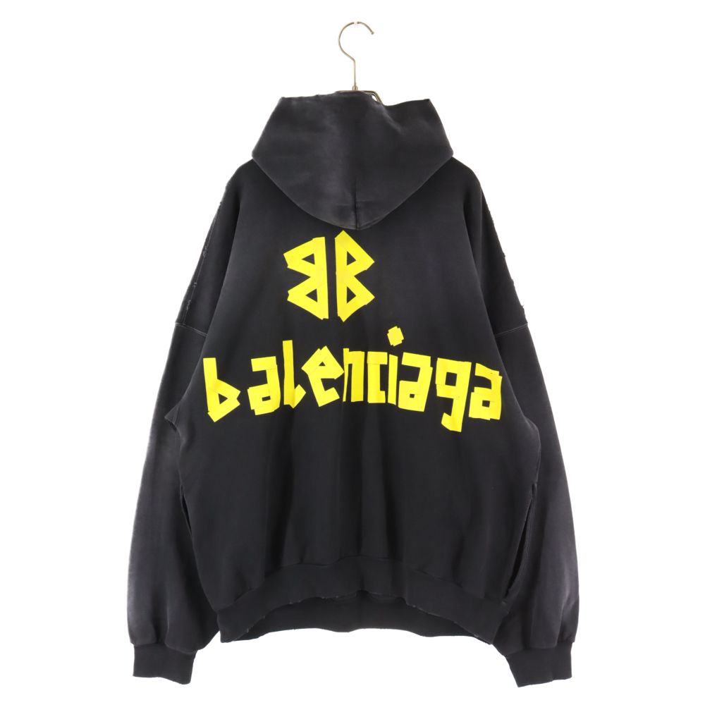 BALENCIAGA (バレンシアガ) 23SS TAPE TYPE RIPPED POCKET OVERSIZED HOODIE 744190  T0VB1 テープロゴプリントダメージ加工スウェットプルオーバーフーディ パーカー ブラック