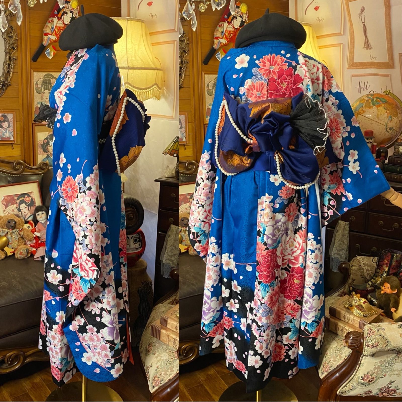 薔薇の花の作り帯☆黒地に金 だらりの作り帯72（黒地