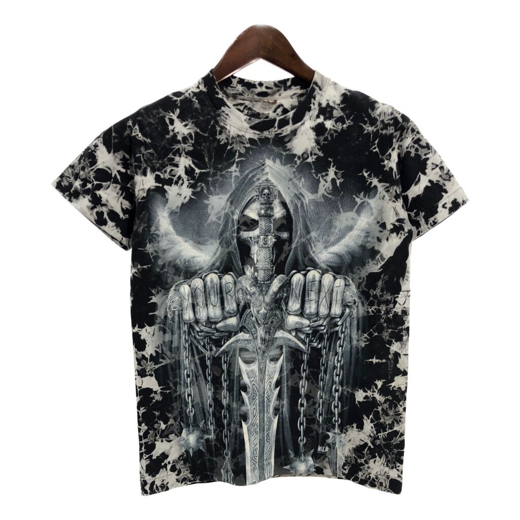 90年代 スカル 大判プリント 半袖Ｔシャツ タイダイ ブラック (メンズ S相当) 中古 古着 T3723