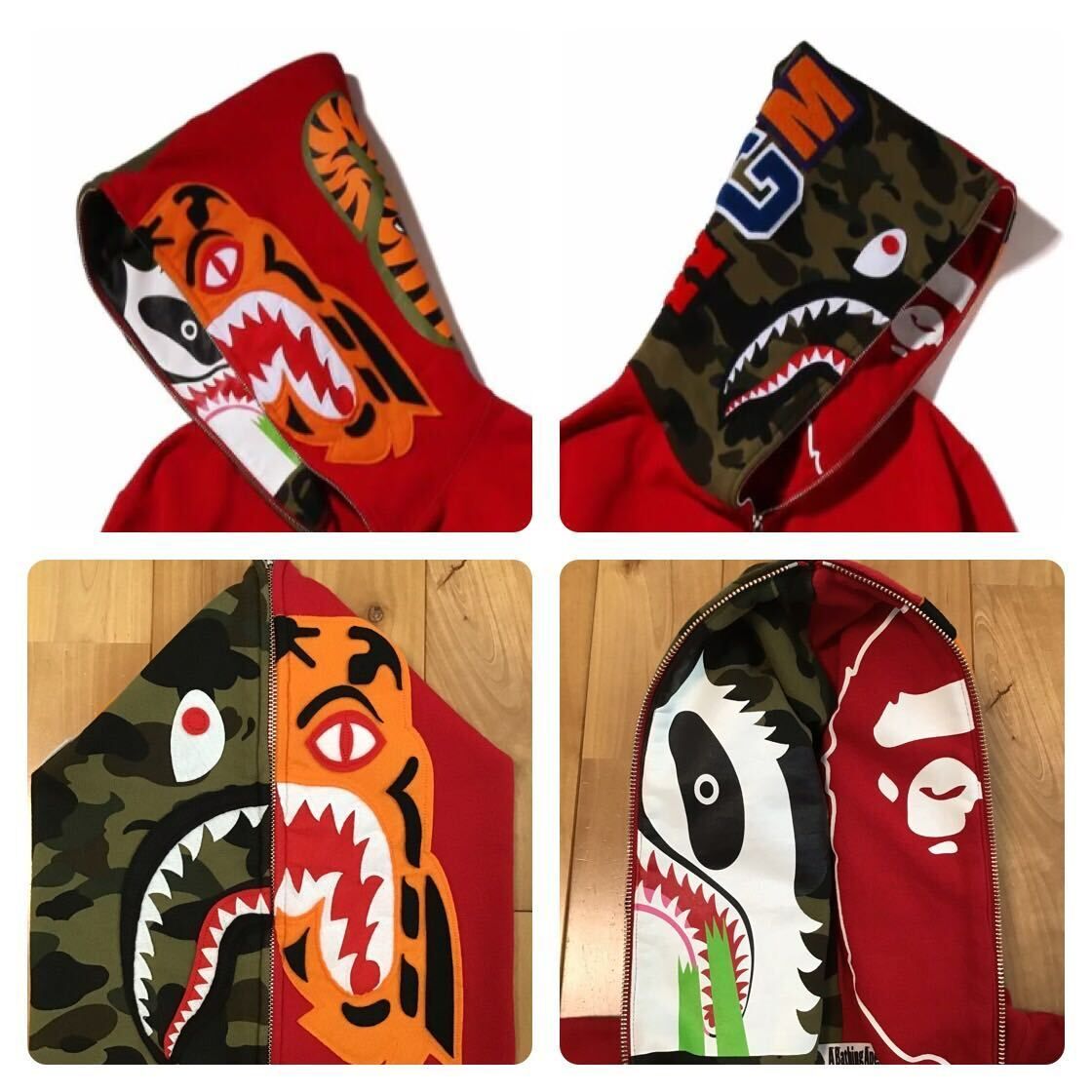 ☆2XL☆ Crazy face tiger shark full zip hoodie レッド a bathing