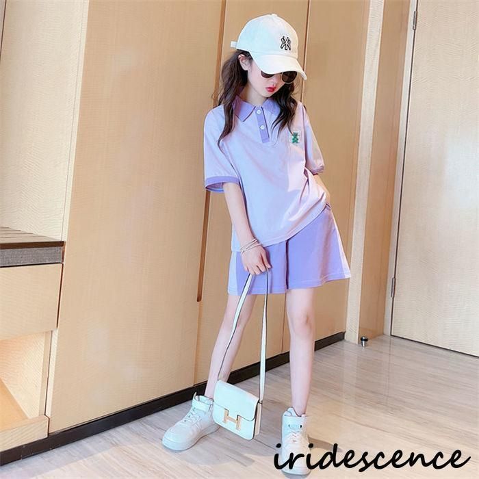 子供服 セットアップ キッズ 半袖 女の子 ブラウス 春秋 上下セット トップス poloシャツ パンツ ショートパンツ カジュアル 110 120 130 140 150 160may