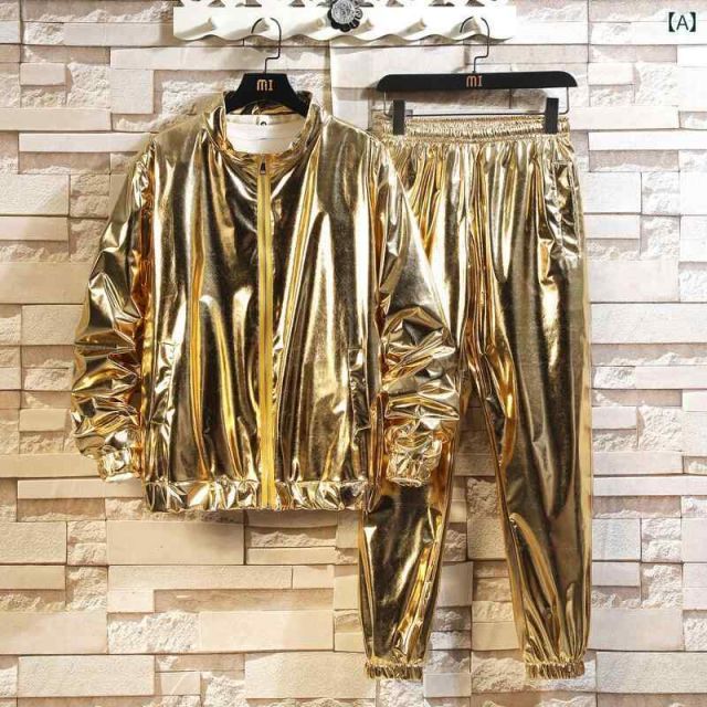 3XL メンズ ファッション 服 男性用 オシャレ シンプル 大人 かっこいい ストリート パフォーマンスウェア 光沢 ゴールド スタンドカラー スーツ 長袖 トップ ツーピーススーツ