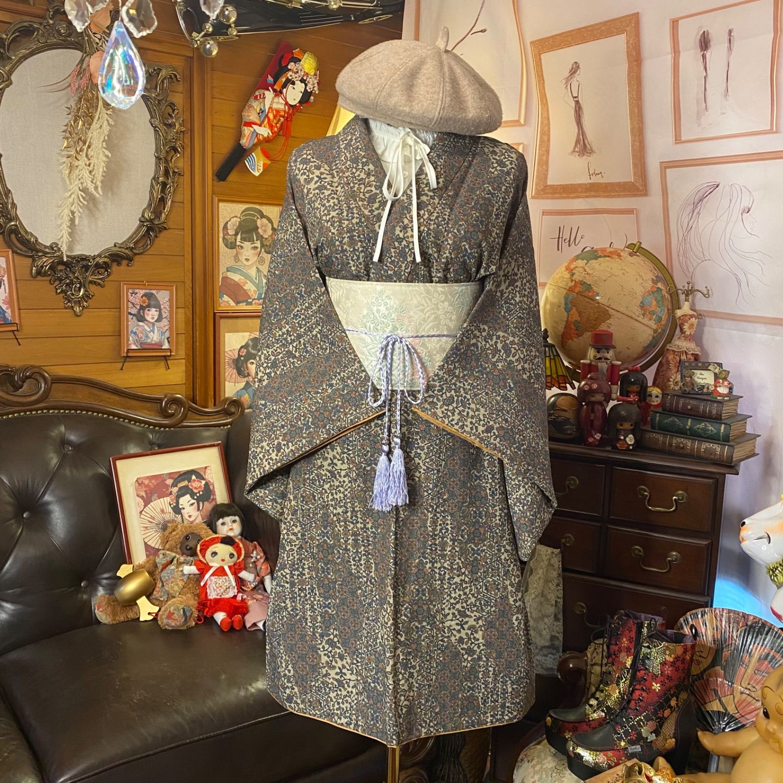 着物 リメイク ミニミディ ワンピース ドレス 洗える 化繊 名古屋帯  