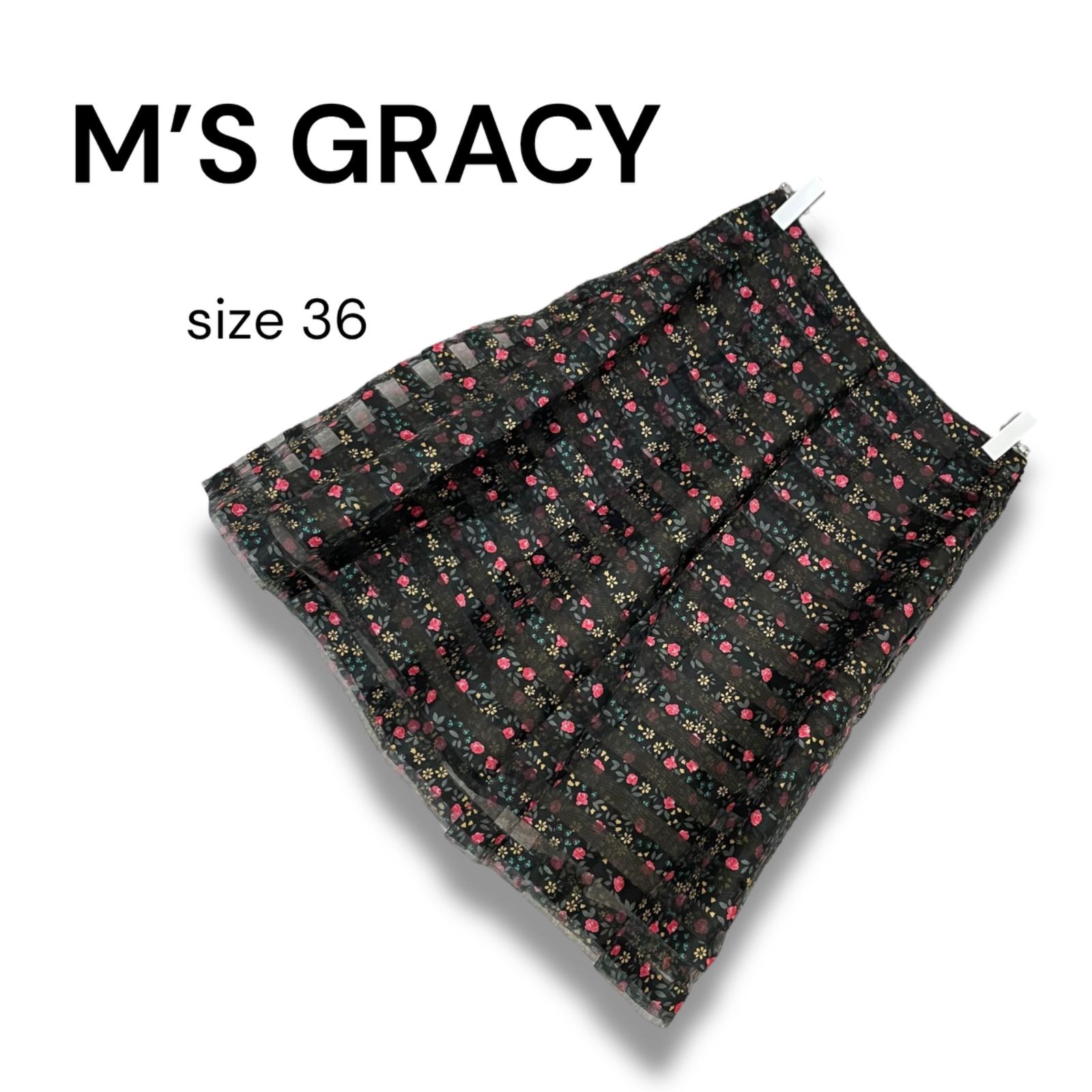 M S GRACY エムズグレイシー ブラック 花柄 フ スカート ミディ丈 ポリエステル 日本製 36 Sサイズ相当 レディース 上品 エレガント 可愛い 0000475OC