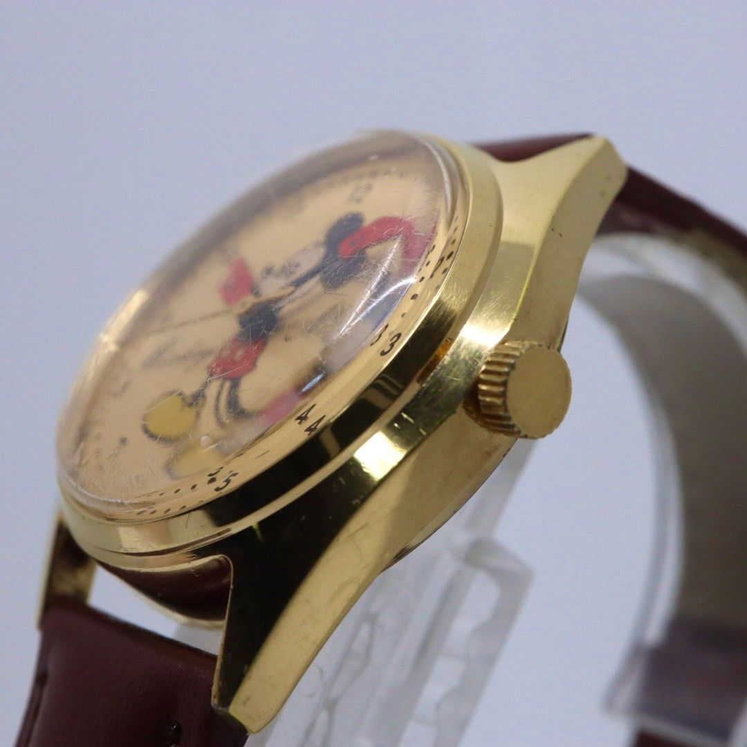 稼働品 ディズニー ミッキーマウス 腕時計 メンズ 手巻き 5000-6030 ゴールド文字盤 ブラウンレザーベルト ビンテージ アンティーク レトロ クラシック キャラクターウォッチ クリーニング済 G