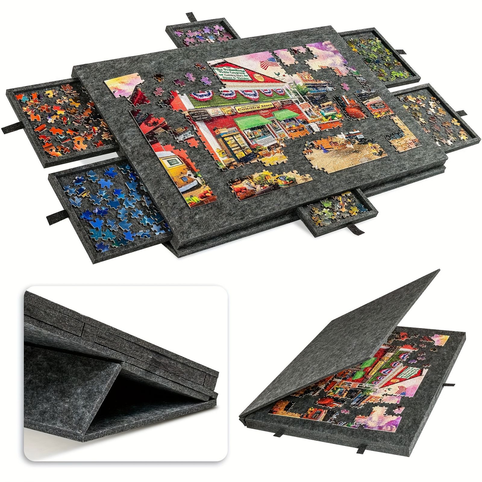 1個、スタンドカバー付きの6-in-1パズルテーブルボード、2色から選べる、ポータブルなパズルテーブルとフェルト統合型パズルボード、パズルデスク