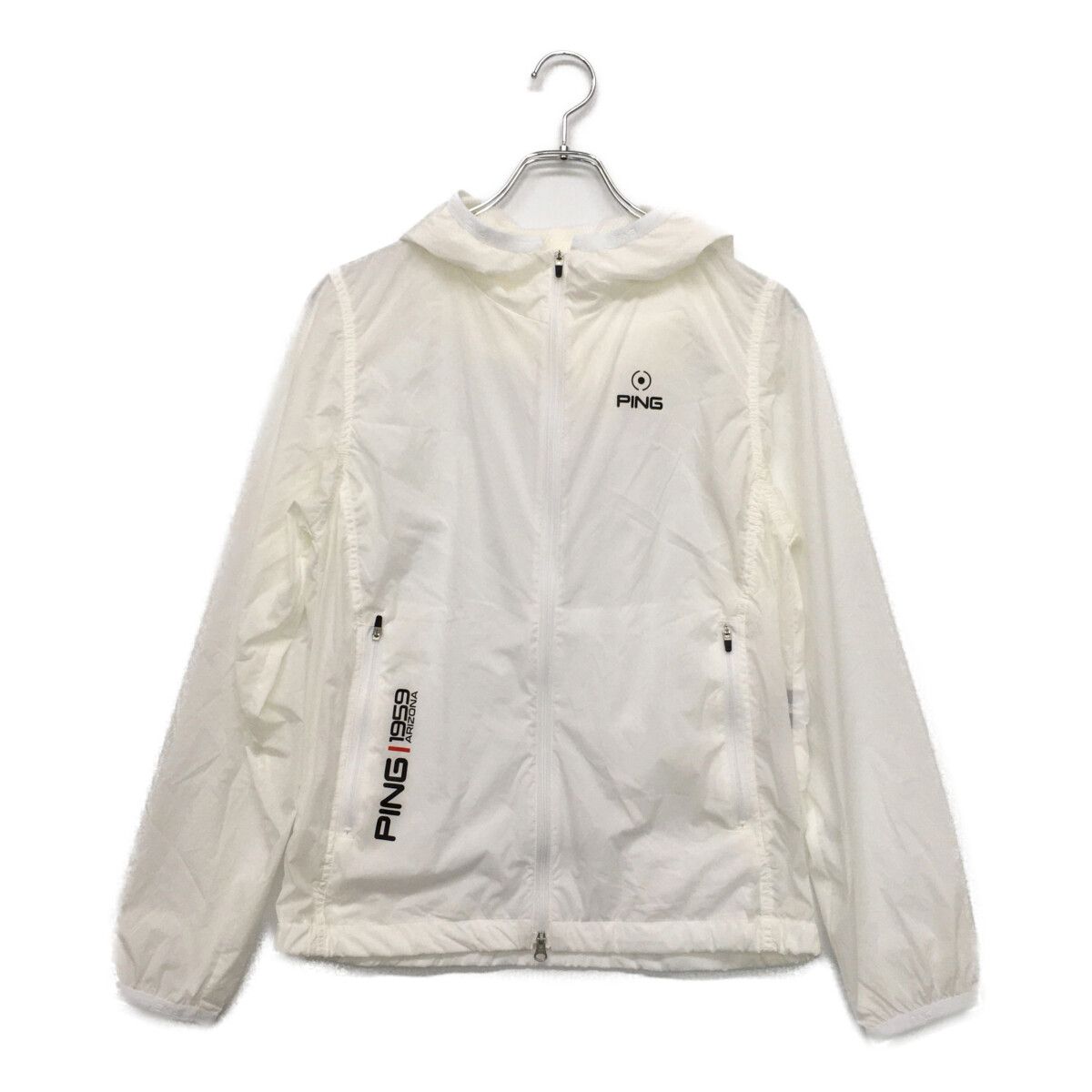 中古 レディース ピン PING ブルゾン M 白 ホワイト 長袖ダブルジップ 薄手 ロゴ入り