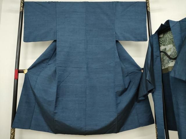平和屋着物●男性 紬 アンサンブル 色無地 藍鉄色 正絹 AABA7989ck