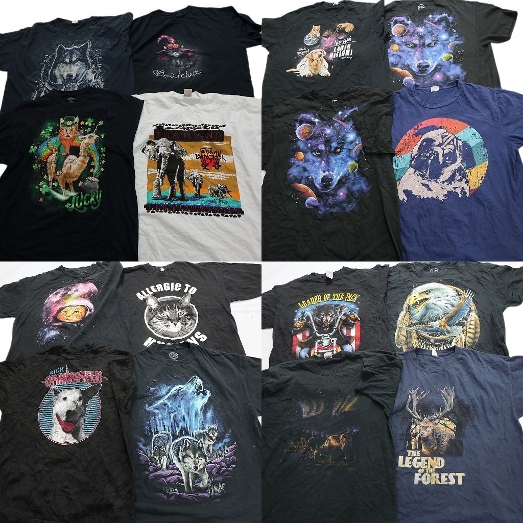 古着卸 アニマル 動物 半袖Tシャツ 16枚セット メンズ XL 大判プリント 犬 宇宙 ネコ 象 星条旗 古着 NA8906