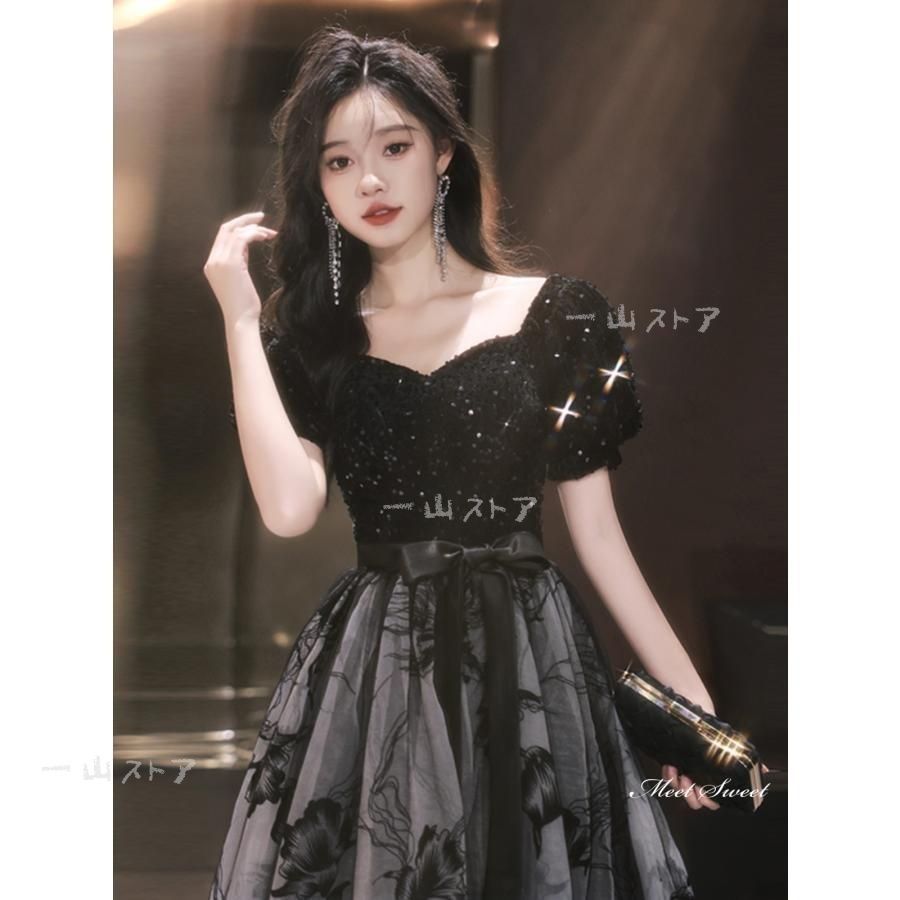 カラードレス ロングドレス パーティードレス ブラック 半袖 花柄 黒