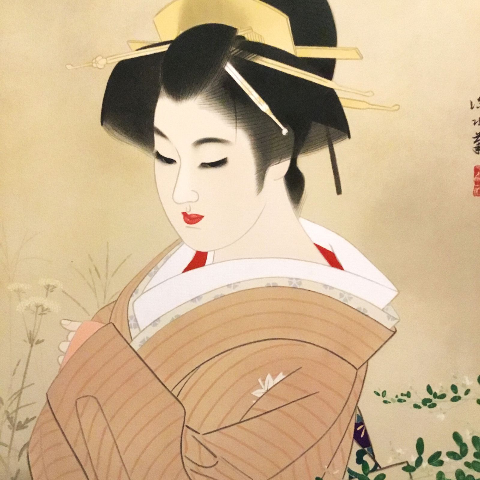 伊東深水 『 虫の音 』 美人画 名品 複製 色紙 希少 茶道具 美品です。 伊東深水 『 虫の音 』 美人画 名品 複製 色紙 希少 茶道具 美品