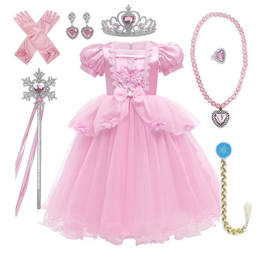 Color:ピンク（７点）_Size:120 [KOCEKID] シンデレラ風 ドレス 子供 シンデレラ風 コスプレ 風 プリンセス ドレス （王冠＋魔法ステッキ＋イヤリング＋指輪+ブレスレット＋ネックレス＋カツラ） 