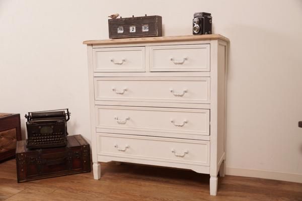 K 完成品 フレンチカントリー 引き出し5杯チェスト 幅80cm シャビーシック アンティーク調 ホワイト アウトレット
