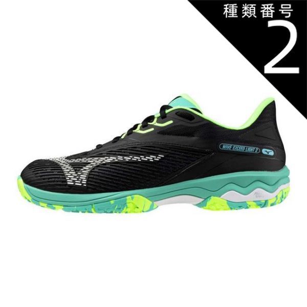 23.5cm ミズノ　テニス　ウエーブエクシードライト2 OC　クレー／砂入り人工芝コート　MIZUNO　テニスシューズ　61GB231746　ブラック×ホワイト×イエロー　12800
