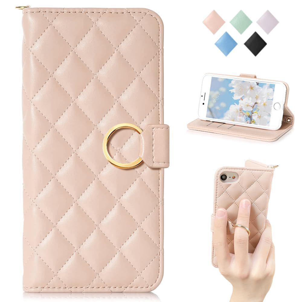 MAGICASE FOR iPhonese第2世代/第3世代 ケース 手帳型 iphone se2se3 ケース 手帳型 人気 女性 iphone7/8ケース 手帳型 アイフォン 8 スマホ 携帯ケース リング付きチェック柄 刺繍 おしゃれ 可愛い