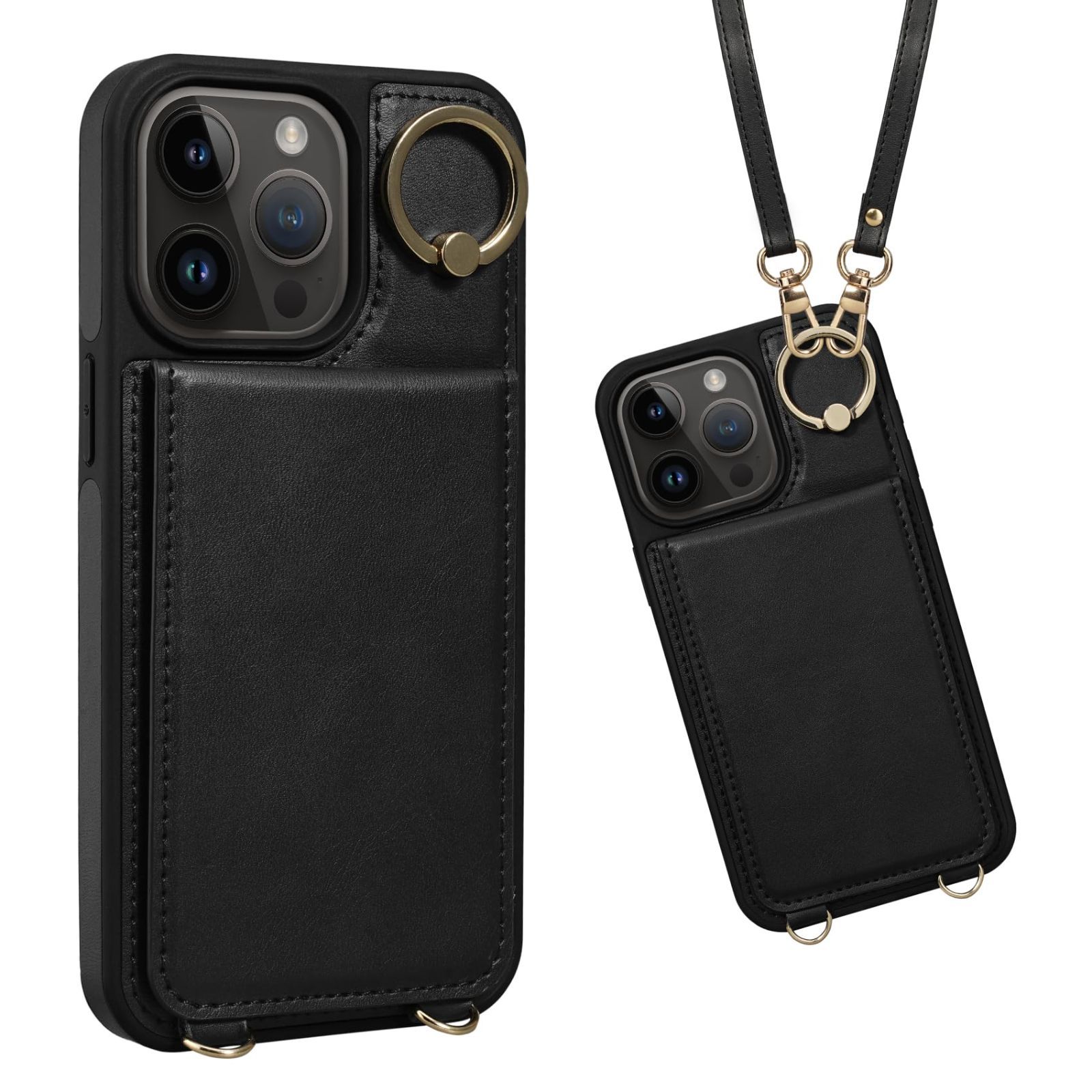iPhone 15 Pro Max 用 ケース 手帳型 スマホケース ショルダー ストラップ 背面ケース Shlybaay 肩掛け カード収納 斜め掛け 首掛け スタンド PUレザー マグネット 多機能 6.7inch対応 ブラック