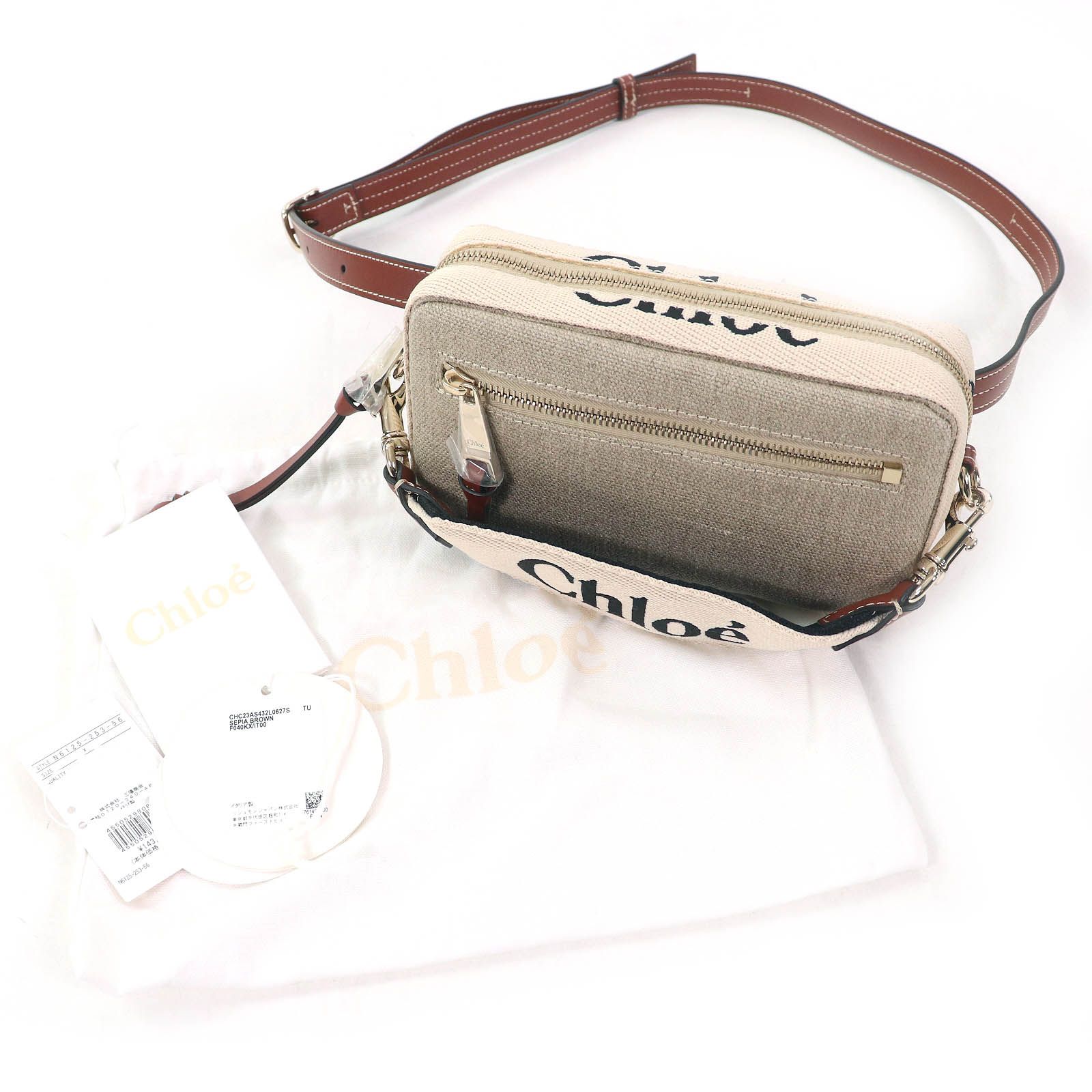 極美品△Chloe クロエ CHC23AS432L0627S WOODY リネン レザー使い ロゴ 