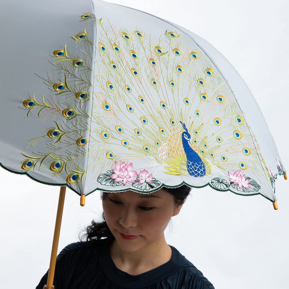 日傘 晴雨兼用 女優日傘 長日傘 刺繍 孔雀 完全遮光 遮熱 UVカット