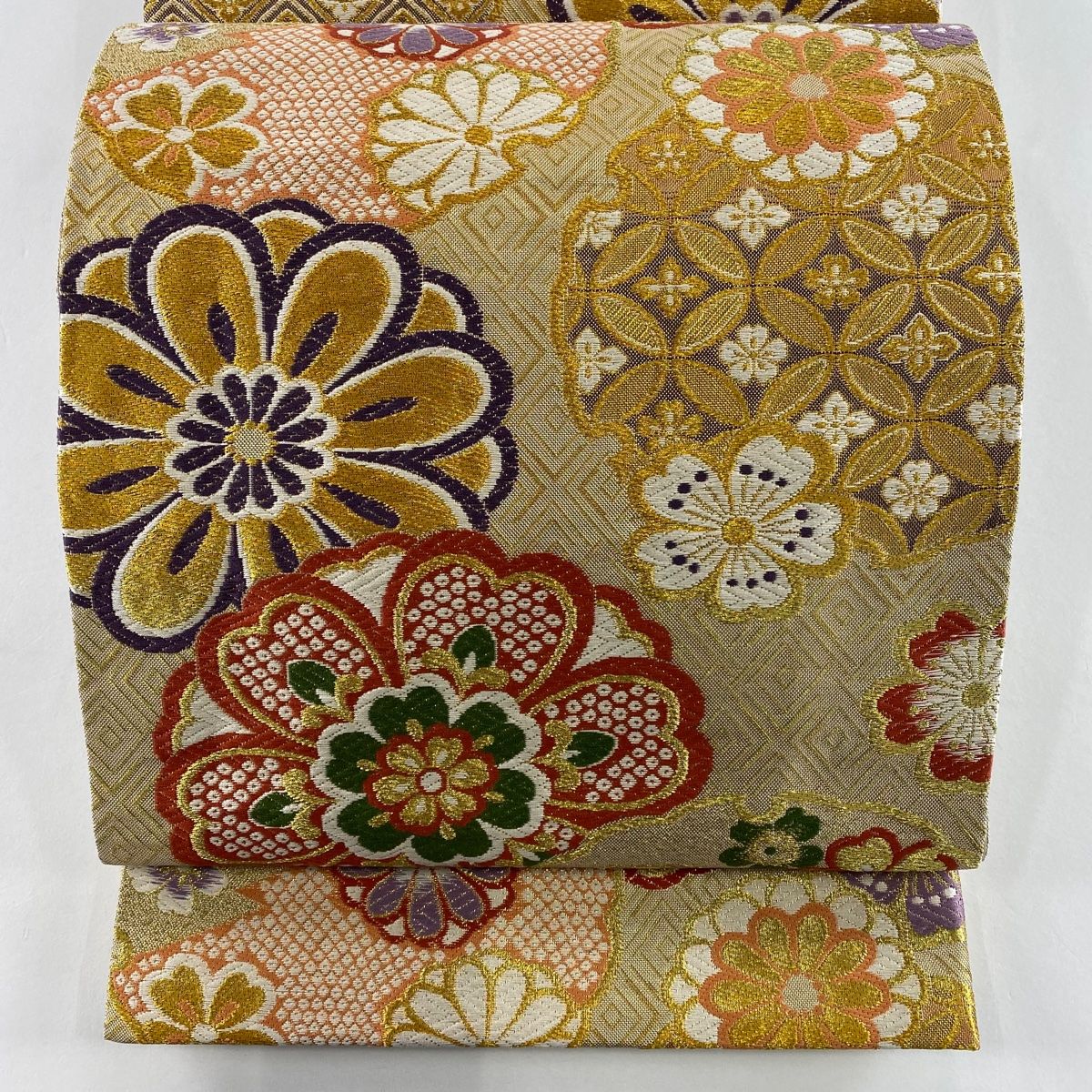 袋帯 秀品 振袖向き 華文 雪輪 金糸 箔 金色 六通 正絹