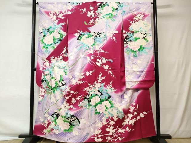 華やかな花柄の着物　振袖　舞花文　暈し染め　洗える着物★　大衆演劇 楽天市場】夏用【絽】振袖レンタル 緑地に絢爛慶びの華舞 sf1220
