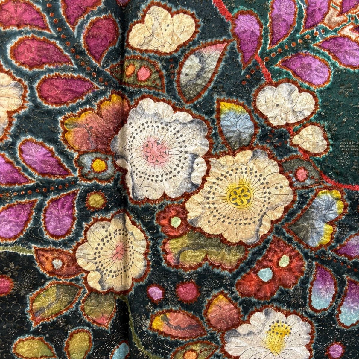 美品 本振袖 翠山工房 辻が花 絞り 朱色 トールサイズ 身丈170cm 振袖 身丈159cm 裄丈67cm M 袷 翠山工房 落款 辻が花 金通し