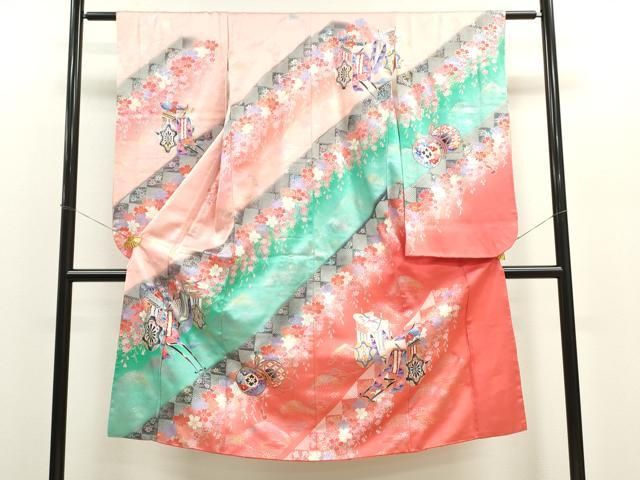 平和屋着物[]七五三　女の子　７歳　祝着　四つ身　御所車鼓舞桜文　暈し染め　金銀彩　逸品　CAAY6024ze