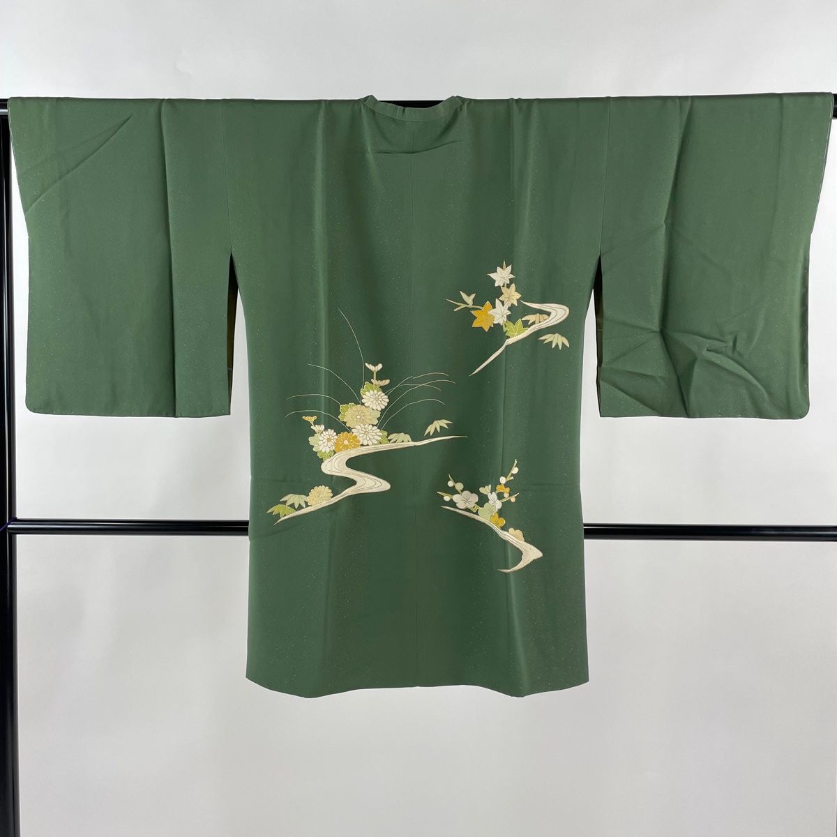 道行 身丈89cm 裄丈65cm M 和装コート 角衿 菊 流水 金彩 緑 正絹 秀品