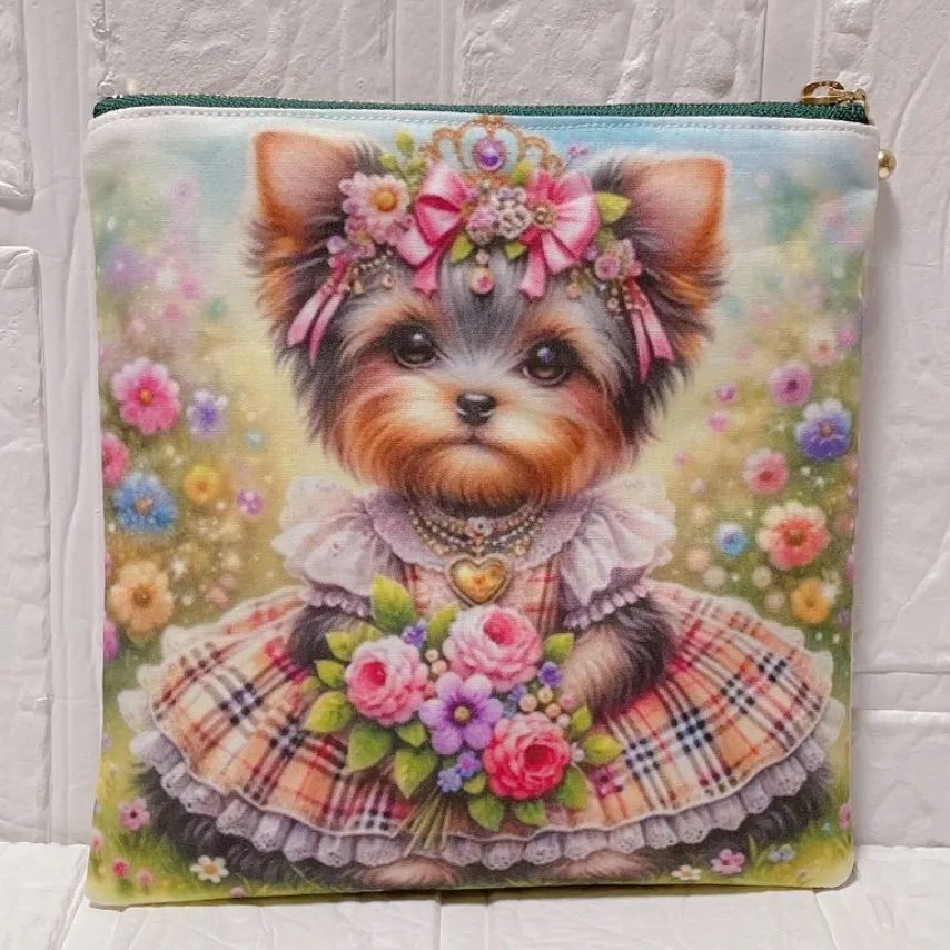 ポメラニアンパネル生地　ハンドメイド　フラットポーチ ポメラニアンパネル生地 ハンドメイド フラットポーチ フラットポーチ