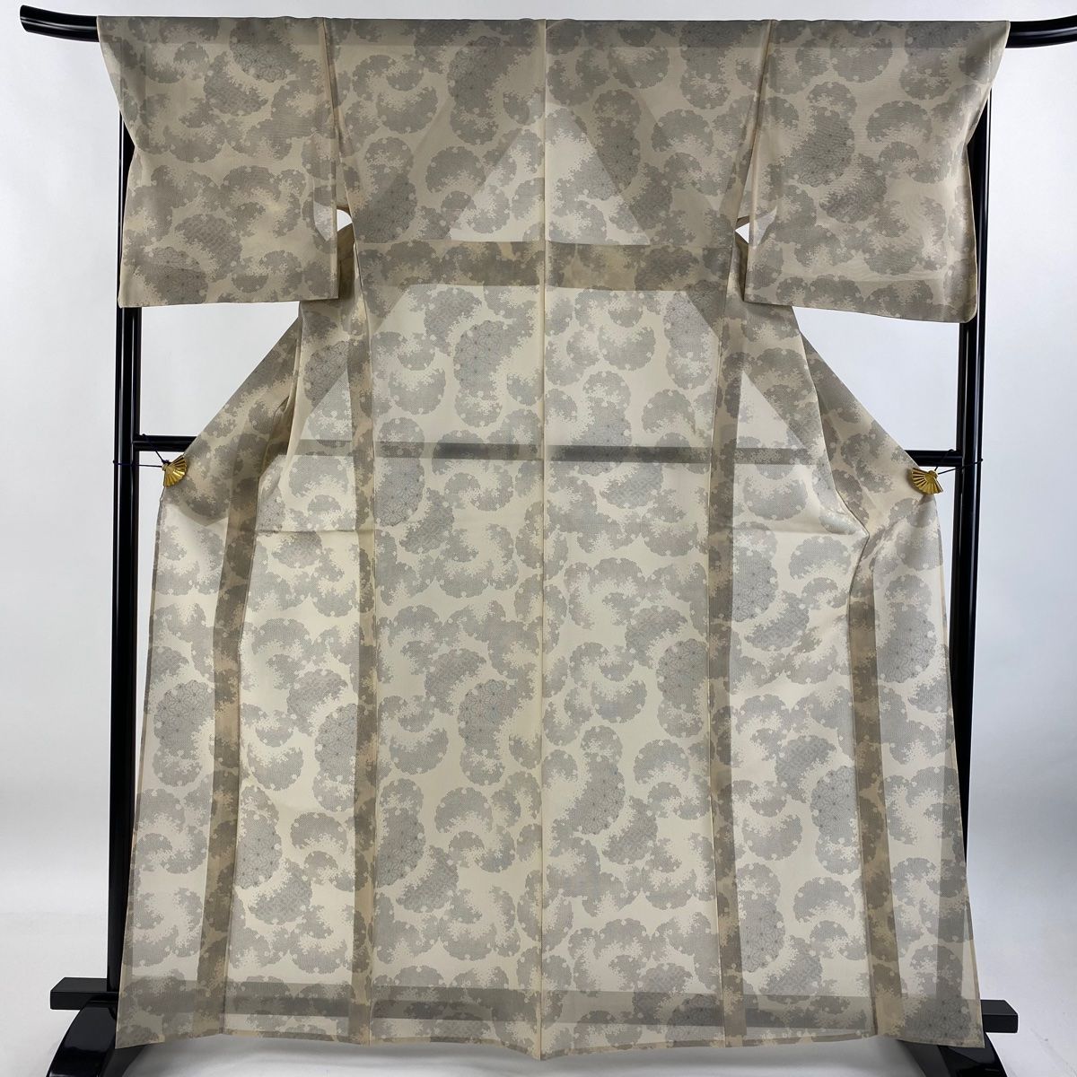 紬 身丈165cm 裄丈67.5cm L 薄物 夏紬 証紙 雪輪 麻の葉 ベージュ 正絹 名品