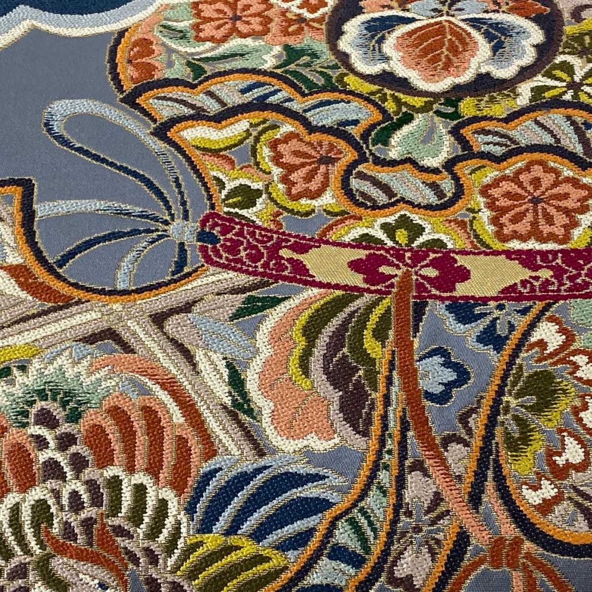 袋帯 美品 逸品 落款 白綾苑大庭 鳥 有職文様 金糸 箔 青灰色 六通 正絹 【中古】