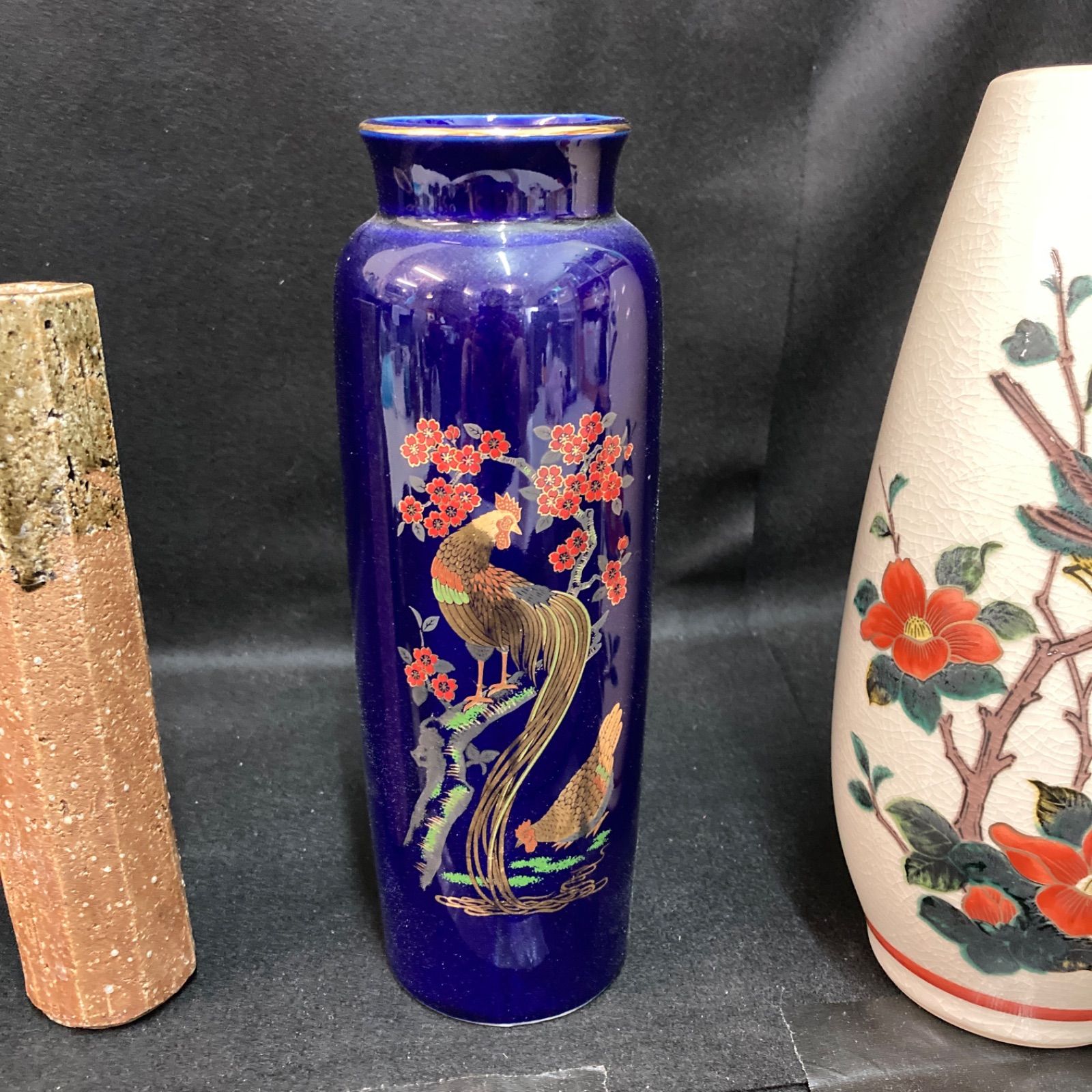 花瓶 4点セット 九谷焼 鶯 紺色花瓶（色絵の磁器「孔雀の花鳥図 