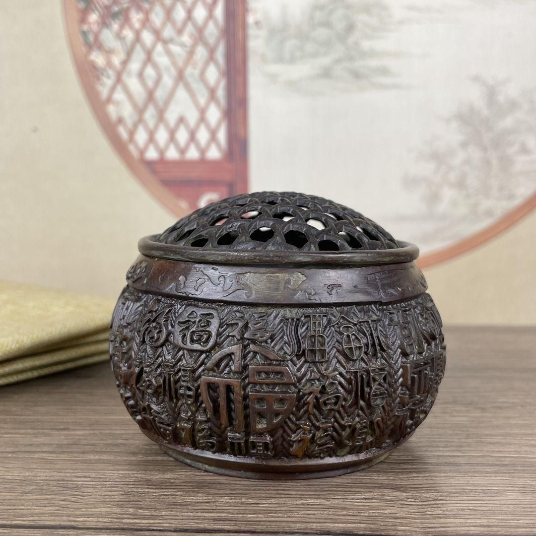 銅細工 百福網蓋香炉 香道具 装飾品 工芸品 美術品 置物 銅 細工 茶道具 香道具 蓋置 置物 獅子香炉 銅製 工芸品 美術品