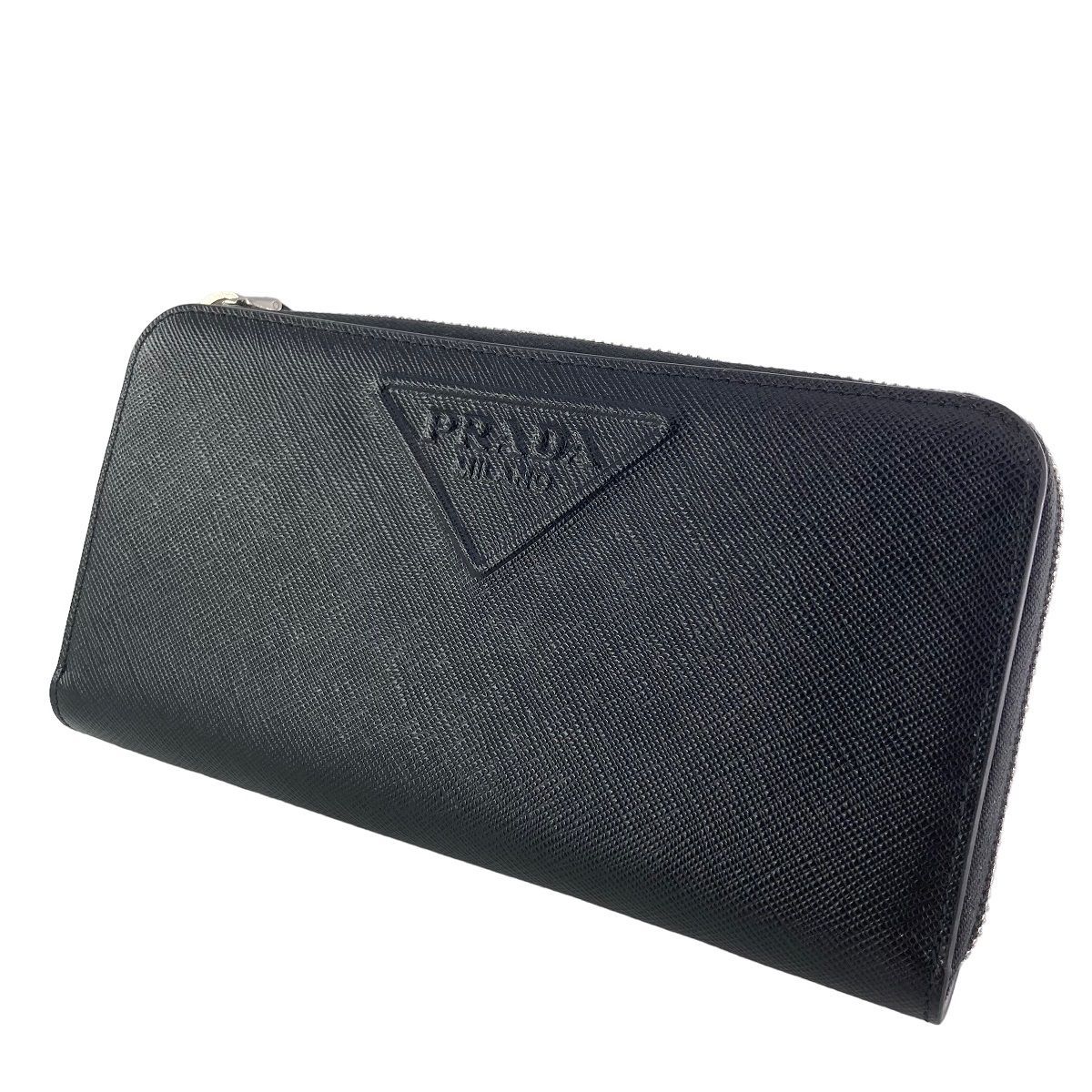 中古】 PRADA プラダ エンボスロゴ ラウンドジップウォレット 黒
