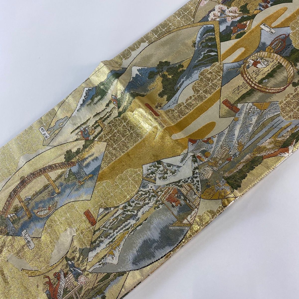 袋帯 美品 逸品 琳派流水名勝図 箔 青灰色 正絹 中古 袋帯 正絹 琳派流水名勝図 両面全通袋帯 丸帯 名品 琳派流水名勝図