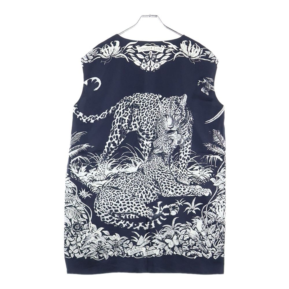 HERMES エルメス JUNGLE LOVE ジャングル ラブ 豹 ヒョウ アニマルプリント総柄 シルク ノースリーブワンピース ドレス ネイビー レディース