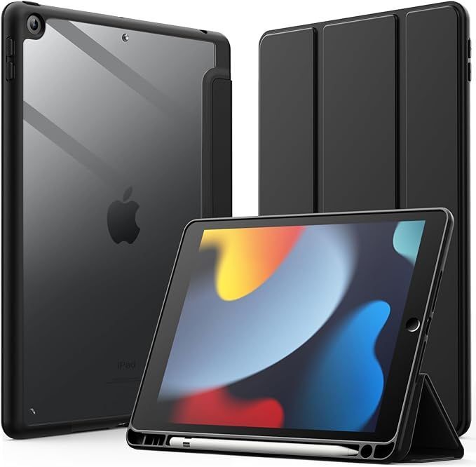 低価，安い JEDirect iPad 10.2インチ ケース（第9/8/7世代、2021/2020/2019モデル用） Pencil収納可能 透明バックカバー 薄型 スタンド 衝撃吸収 タブレットカバー オートウェイク/スリープ機能 (ブラック) 応募券