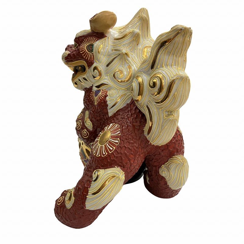 □25*60061□九谷焼 玉乗り獅子 玉獅子 1体 唐獅子 赤獅子 狛犬