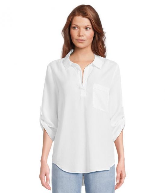 【送料無料】 モッドドック レディース シャツ トップス Roll Tab Sleeve Patch Pocket Tunic White