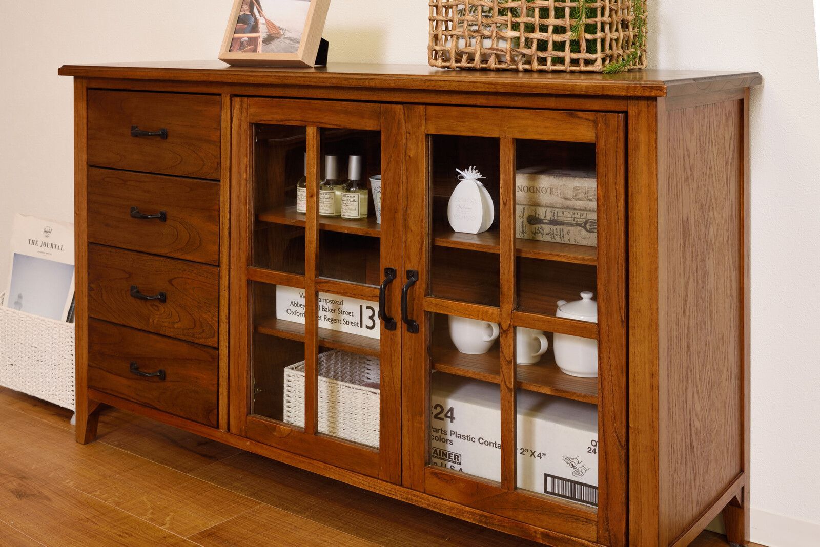 ♪ヴィンテージ調 天然木 ４段チェスト ＆ キャビネット 幅１２０cm 食器棚 カップボード ティンバー