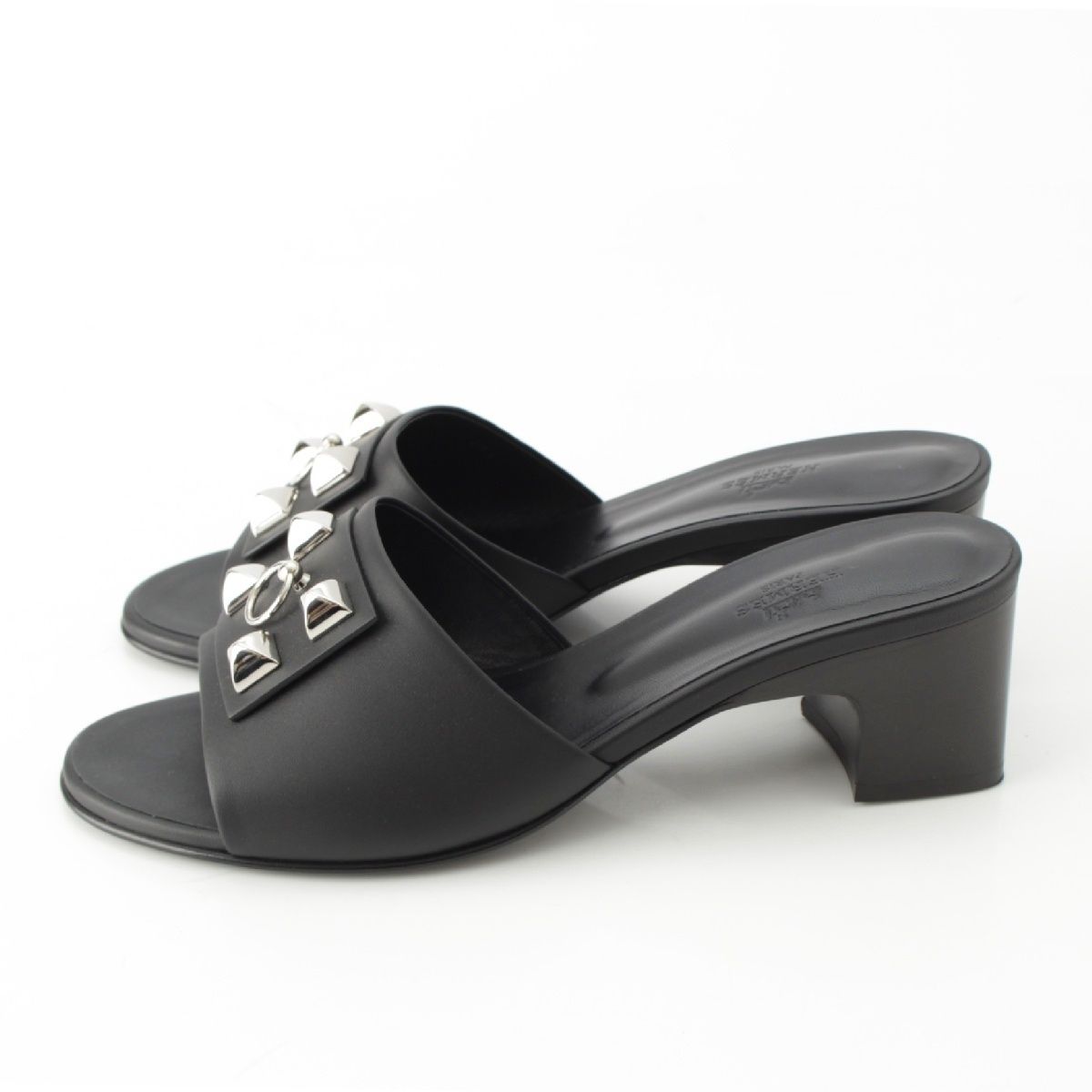 エルメス ドリーミー レザー コリエドシアン スタッズ ヒール ミュール