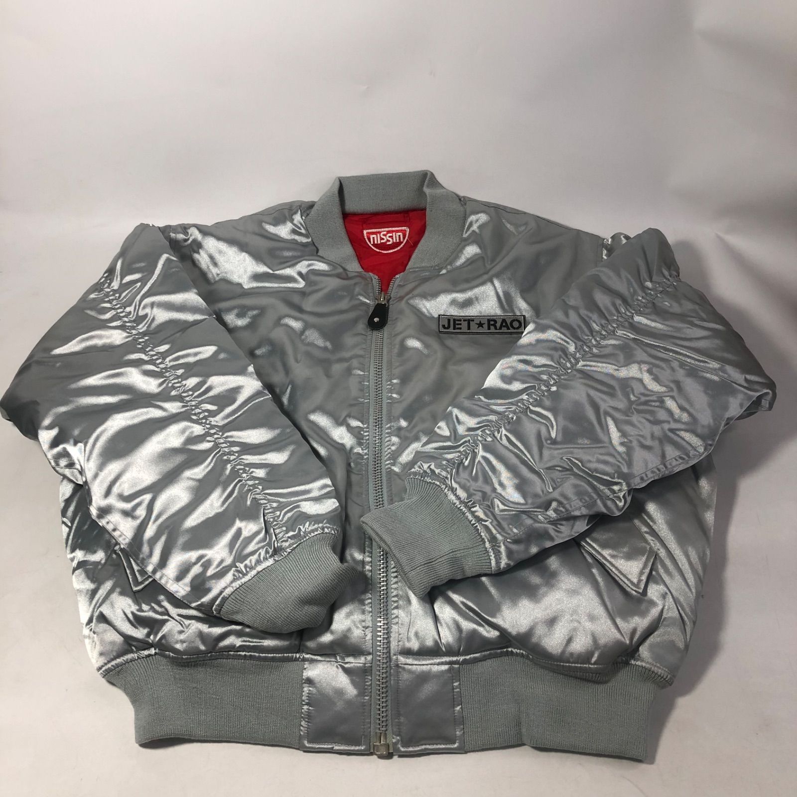 A1022-31-5 NISIN 日清 ラ王 あしたのジョー ジョージャン 品 MA-1 シルバー JET-RAO アウタージャケット フリーサイズ 博報堂 品 身幅64cm 肩幅50cm 着丈62cm