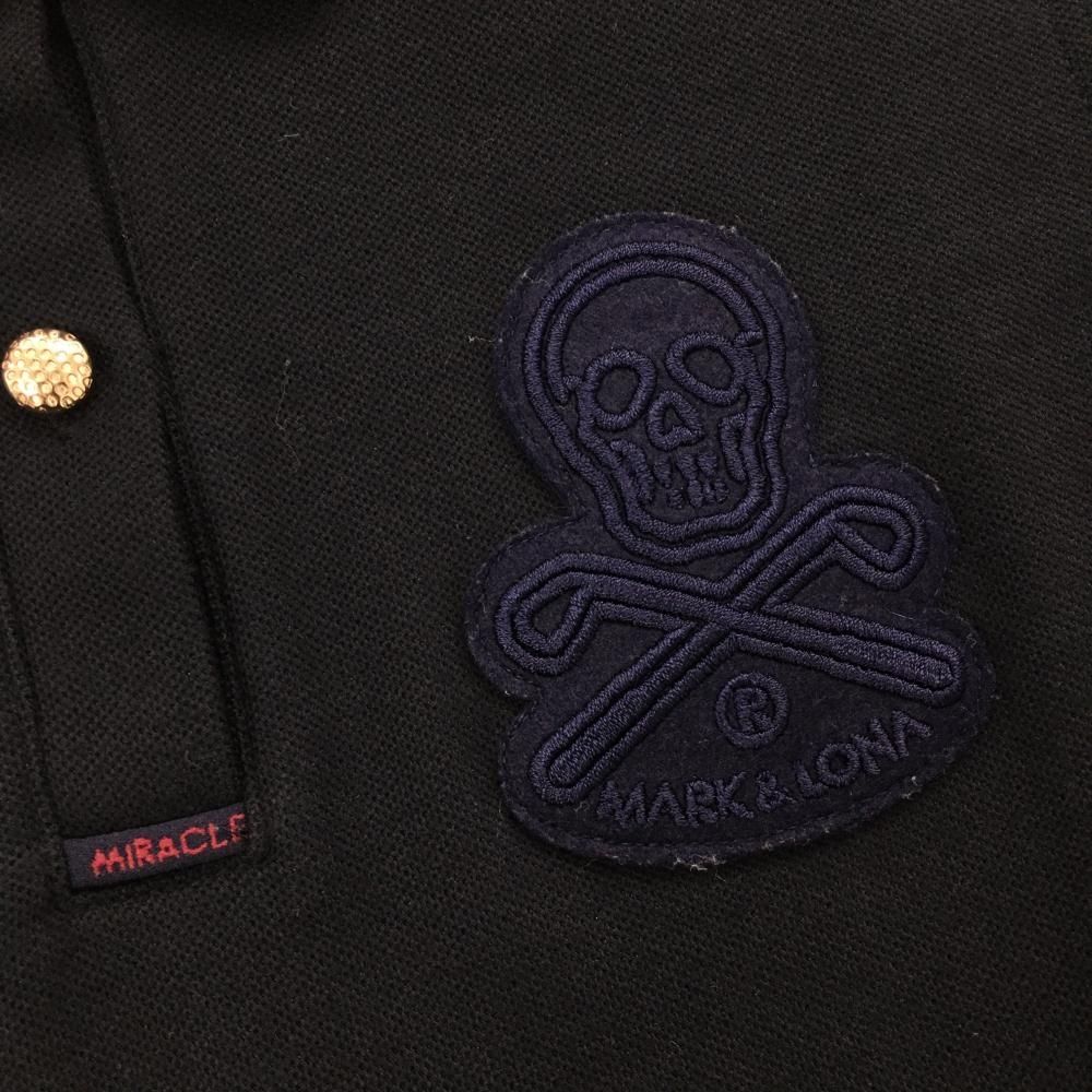 結束感のある 超 マークアンドロナ 半袖ポロシャツ 黒 ワッペンネイビー 襟ロゴ スカル レディース 38 M ゴルフウェア MARK＆LONA
